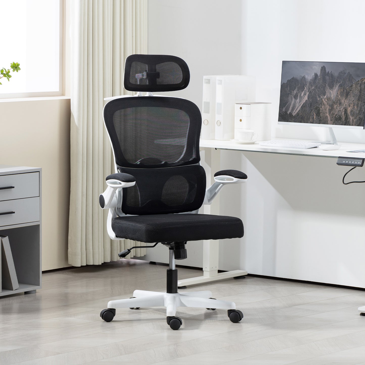 HOMCOM Ergonomic Mesh Office Chair with Flip-up Armrests, Swivel Headrest and Adjustable Lumbar Support, Black