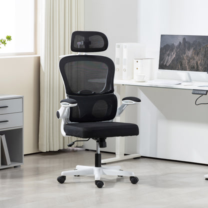 HOMCOM Ergonomic Mesh Office Chair with Flip-up Armrests, Swivel Headrest and Adjustable Lumbar Support, Black