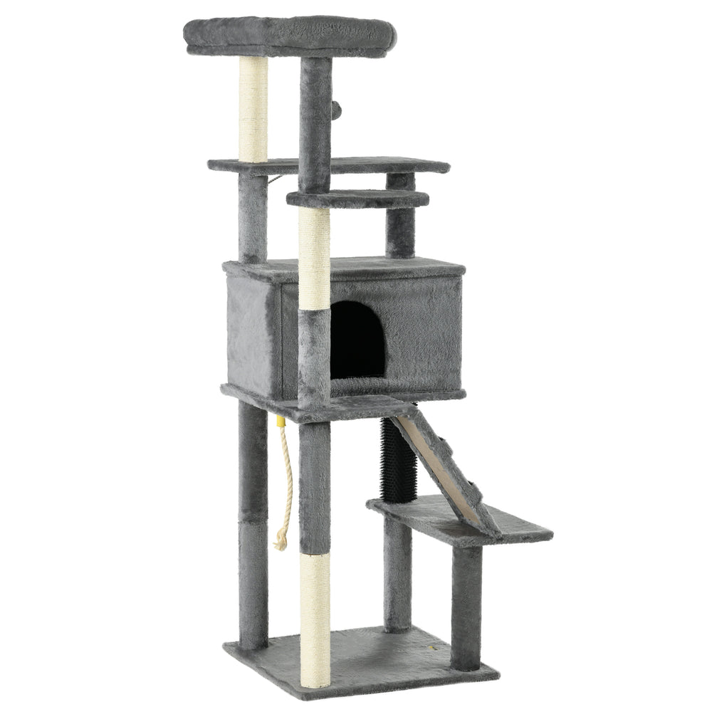 Arbre à chat 147 cm de haut avec poteaux à griffer, grande tour pour chats d'intérieur avec couchage, niche et jouets, gris