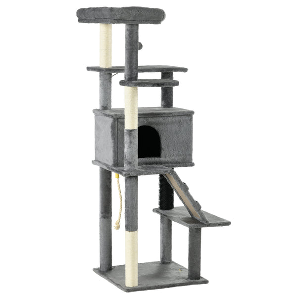 Arbre à chat 147 cm de haut avec poteaux à griffer, grande tour pour chats d'intérieur avec couchage, niche et jouets, gris