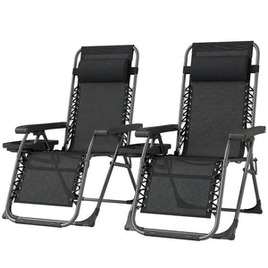 Ensemble de 2 chaises longues d'extérieur Zero Gravity, pliantes et inclinables, avec porte-gobelet et appui-tête, noires.