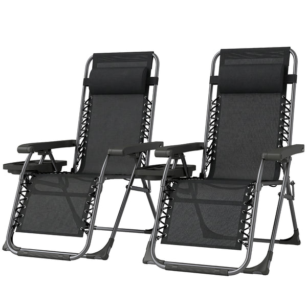 Ensemble de 2 chaises longues d'extérieur Zero Gravity, pliantes et inclinables, avec porte-gobelet et appui-tête, noires.