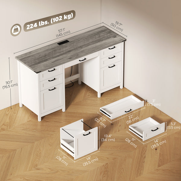 Computer Desk with Drawers Office Desk with 7 Drawers Charging Station Study Table 57" Brown White