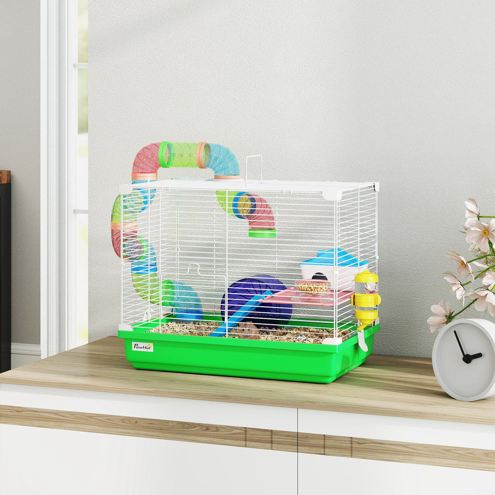 Cage à 2 niveaux avec tunnel pour petits rongeurs, verte