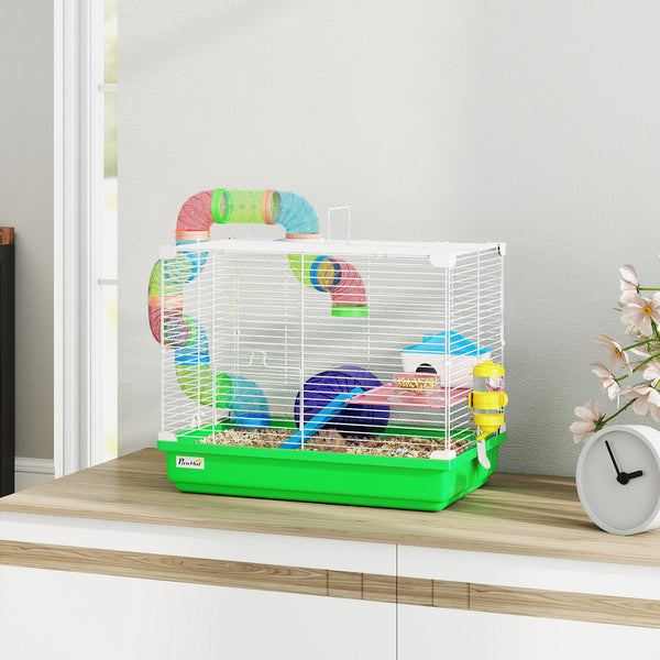 Cage à 2 niveaux avec tunnel pour petits rongeurs, verte