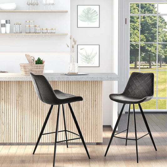 Set of 2 Microfiber Bar Stools with Metal Legs and Padded Cushion, Black