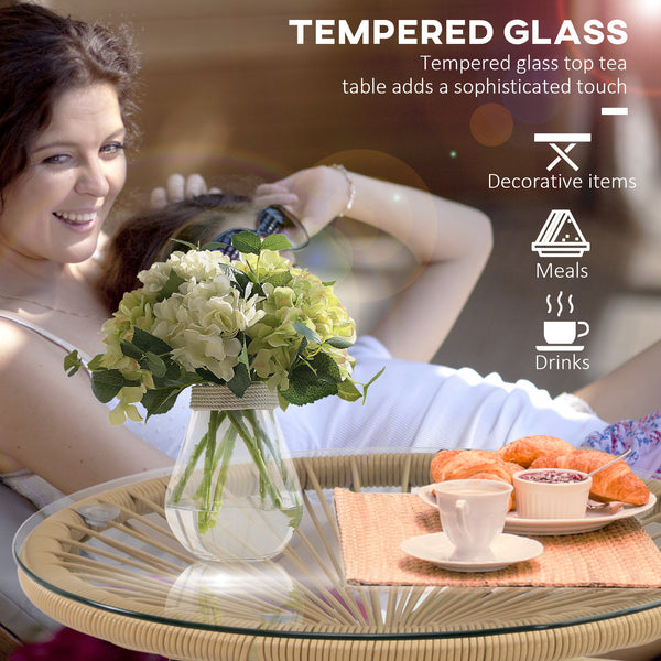 Rattan Side Table, Round Outdoor Table, with Round PE Rattan and Tempered Glass Table Top for Patio, Garden, Beige