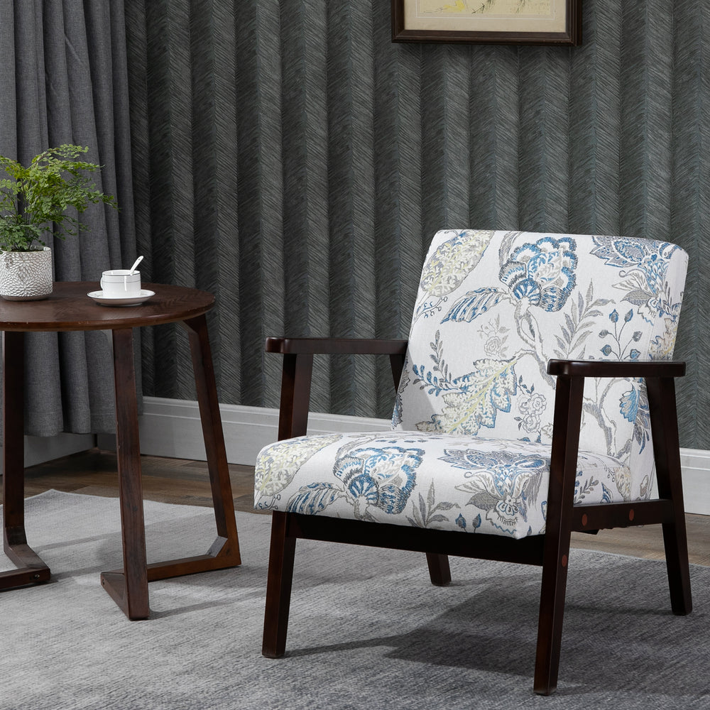 Fauteuil rétro en tissu avec accoudoirs en bois, motif floral