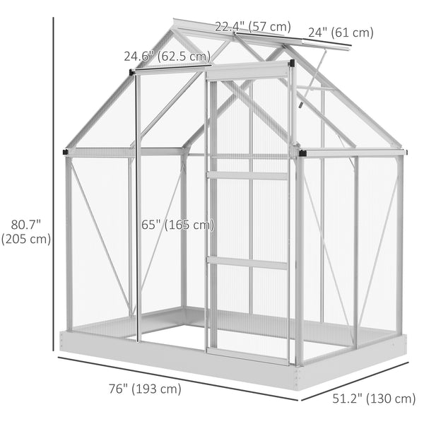 Polycarbonate greenhouse with sliding door, window, aluminum frame and foundation