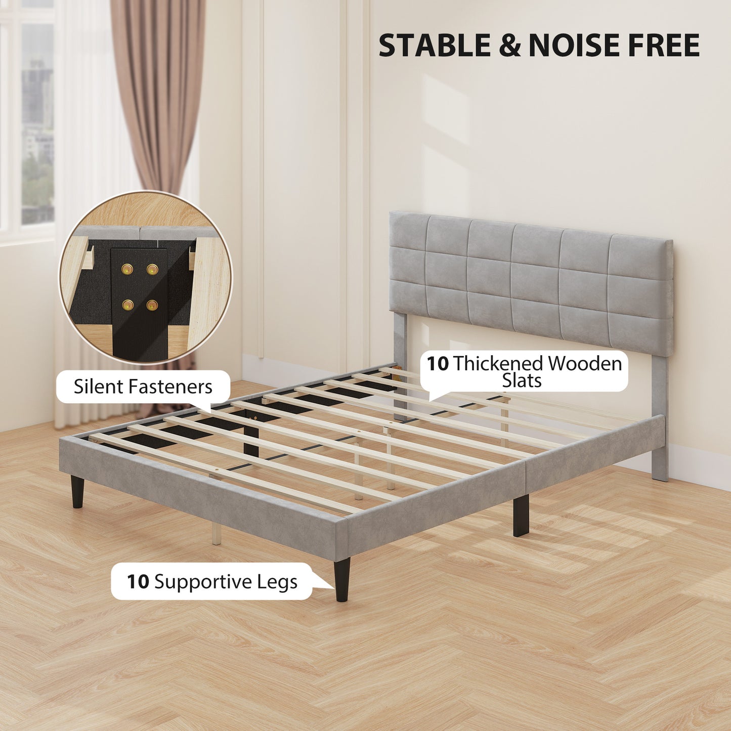 Base de lit Queen Size avec tête de lit rembourrée, gris