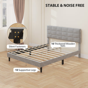 Base de lit Queen Size avec tête de lit rembourrée, gris