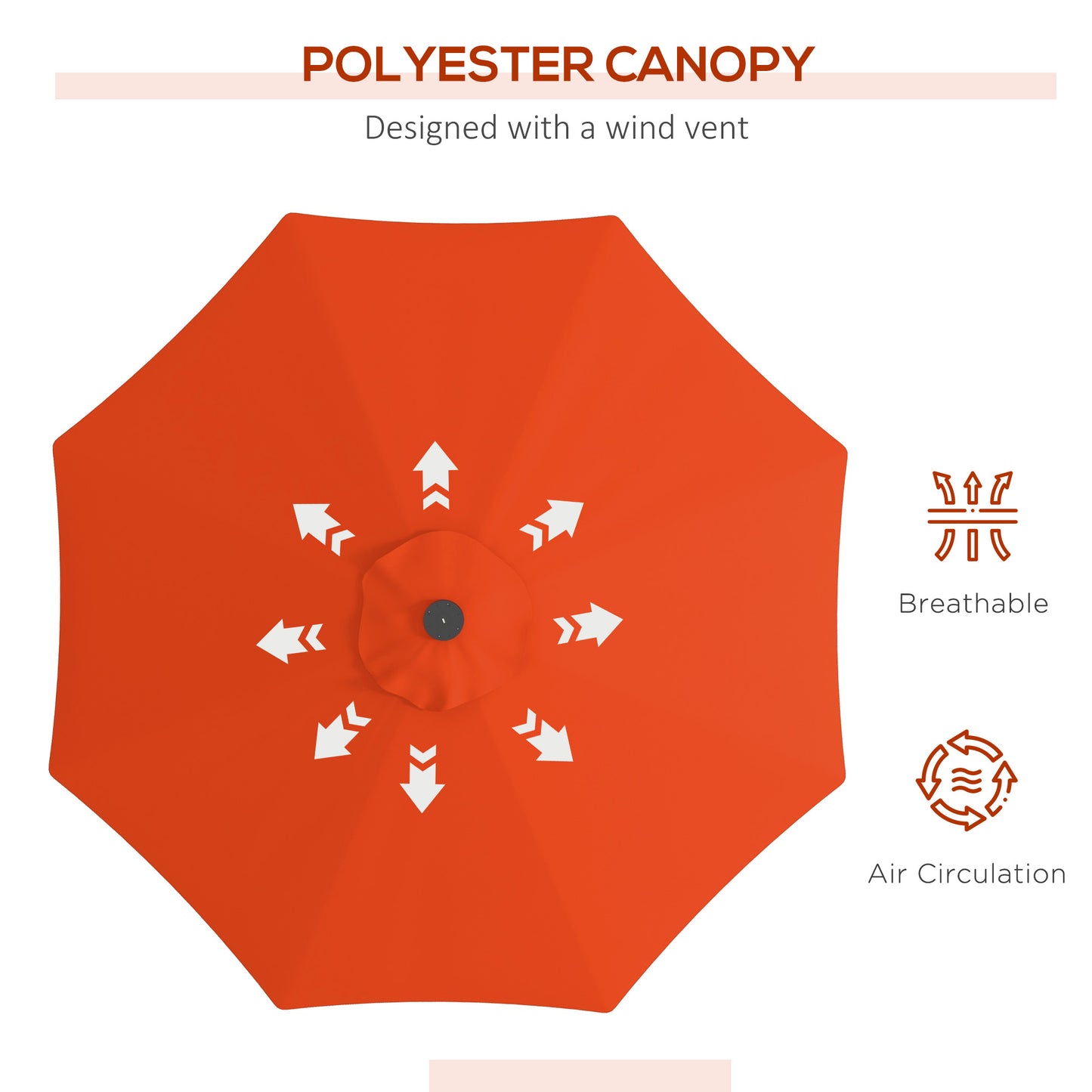 Parasol solaire d'extérieur de 2,7 m avec 24 LED et auvent inclinable, orange
