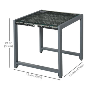 Table basse en rotin avec plateau en verre trempé et structure en aluminium, grise