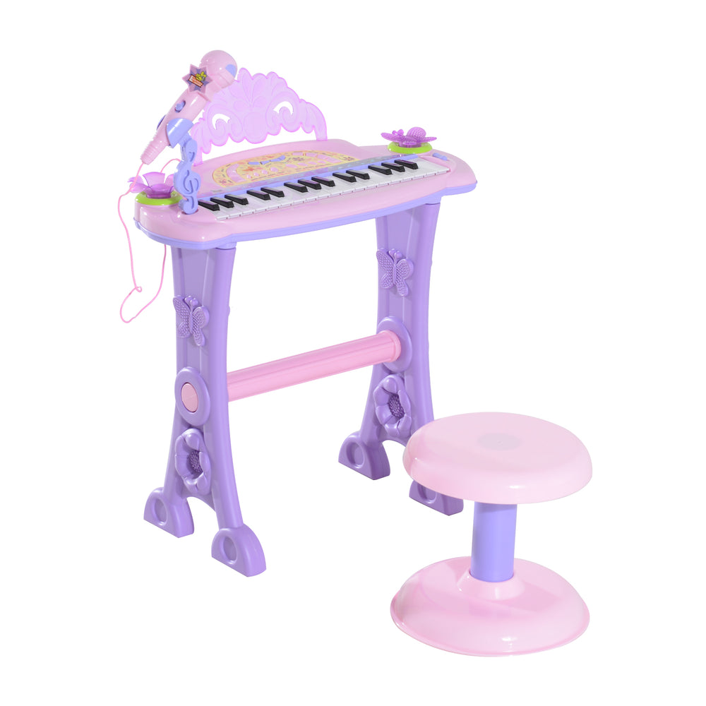 Piano électronique avec microphone et tabouret rose/mauve