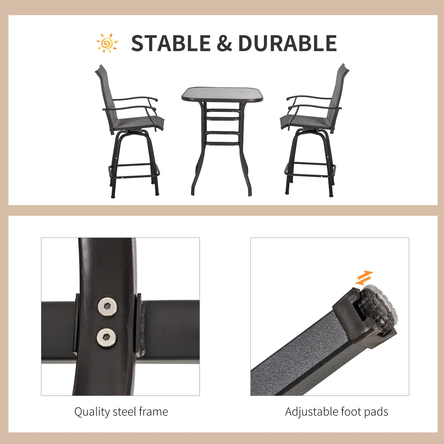 Outsunny 3 Piece Outdoor Patio Bar Set 2 Swivel Stool and 1 Bistro Table All-Weather Metal Frame for Balcony Backyard Deck Gray |