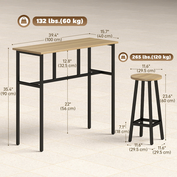 Bar Table Set of 6, Bar Table and Stools for 4, 2 Breakfast Tables and 4 Stools for Living Room, Grey-Brown