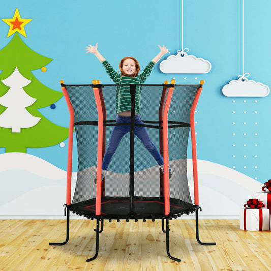 Soozier 64" Kids Trampoline, Indoor/Outdoor, with Enclosure Net, Thick Padded Bungee Pole, Gift for 3-10 Year Olds, Red