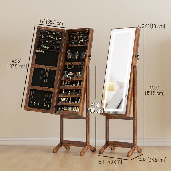 Armoire à bijoux verrouillable avec éclairage LED et rangement, marron rustique