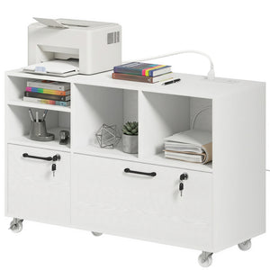 Mobile File Cabinet, 2-Drawer Lateral Filing Cabinet Printer Stand with Lock, Charging Station, Hanging Bars, White