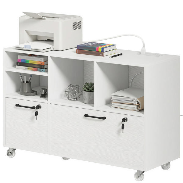 Mobile File Cabinet, 2-Drawer Lateral Filing Cabinet Printer Stand with Lock, Charging Station, Hanging Bars, White