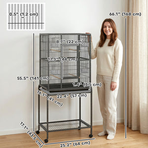 56"H Bird Cage, Parrot Cage with Detachable Rolling Stand, Removable Tray, Storage Shelf, Perches, Food Container
