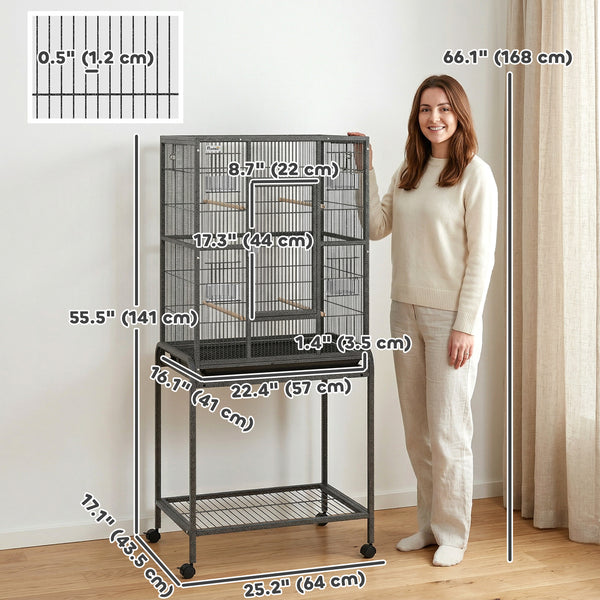 56"H Bird Cage, Parrot Cage with Detachable Rolling Stand, Removable Tray, Storage Shelf, Perches, Food Container