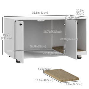 Litter box cabinet with double doors and integrated scratching post, white