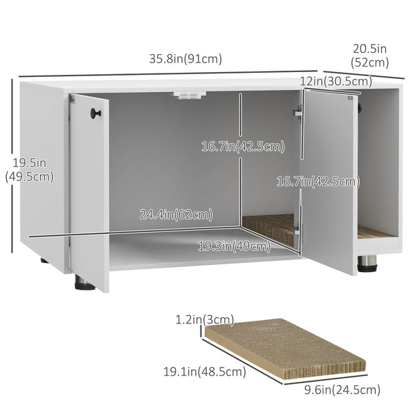 Litter box cabinet with double doors and integrated scratching post, white
