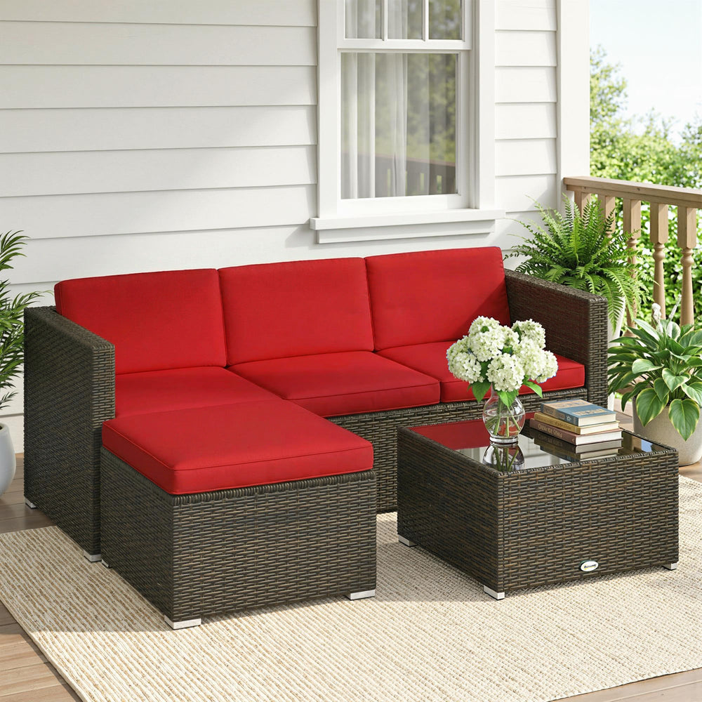Ensemble de mobilier de patio 3 pièces avec coussins, en rotin PE tressé avec table basse en verre