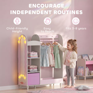 Qaba Kids Clothing Rack, Kids Wardrobe with Light-Up Mirror, Non-Woven Drawer and Shelves for Bedroom, Ages 3-8, Pink