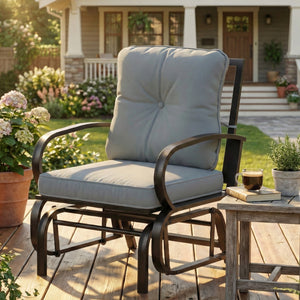 Rocking chair with cushions, steel frame, curved armrests, light gray