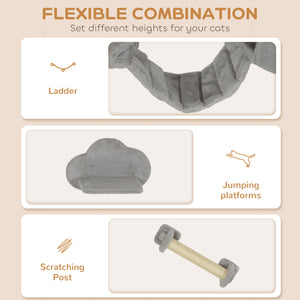 Arbre à chat mural avec griffoir, échelle, niche et plateformes de saut, gris clair