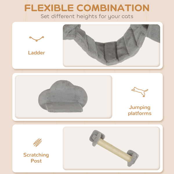 Arbre à chat mural avec griffoir, échelle, niche et plateformes de saut, gris clair