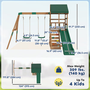 Structure de jeux extérieure avec toboggan, 2 balançoires, mur d'escalade et terrasse couverte, aire de jeux extérieure pour enfants