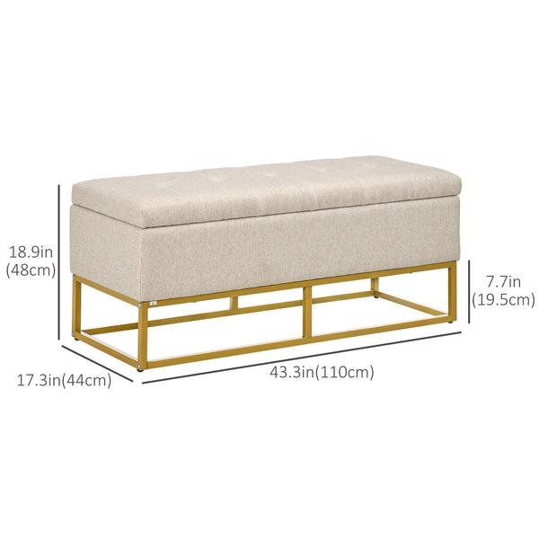 Pouf de rangement avec plateau rabattable rembourré, beige