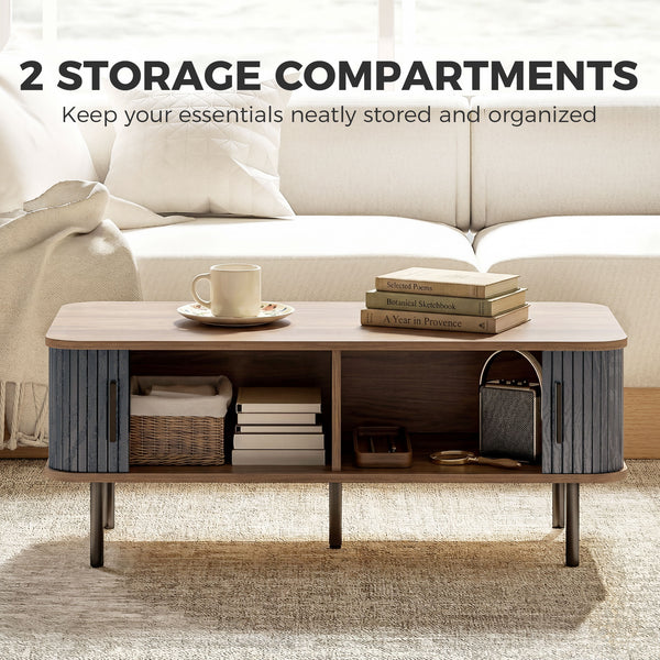 Nordic Side Table with Fluted Tambour Sliding Doors and Steel Legs, Coffee Table with Storage for Living Room, Black