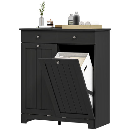 Tilting laundry basket cabinet with 2 baskets and 2 drawers, black