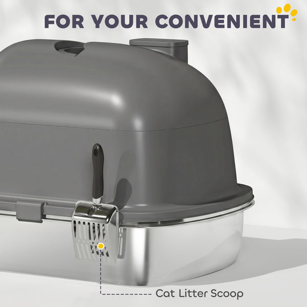Enclosed Stainless Steel Litter Box, Metal Cat Litter Box with Scoop, Deodorizer Bag, Handle, Easy to Clean