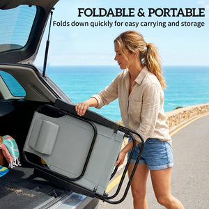 Set of 2 beach chairs, foldable and adjustable in 5 positions, with headrest and armrests, light gray.
