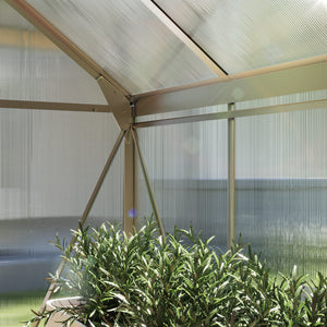 Serre avec gouttière, ventilation et porte coulissante, couleur argent
