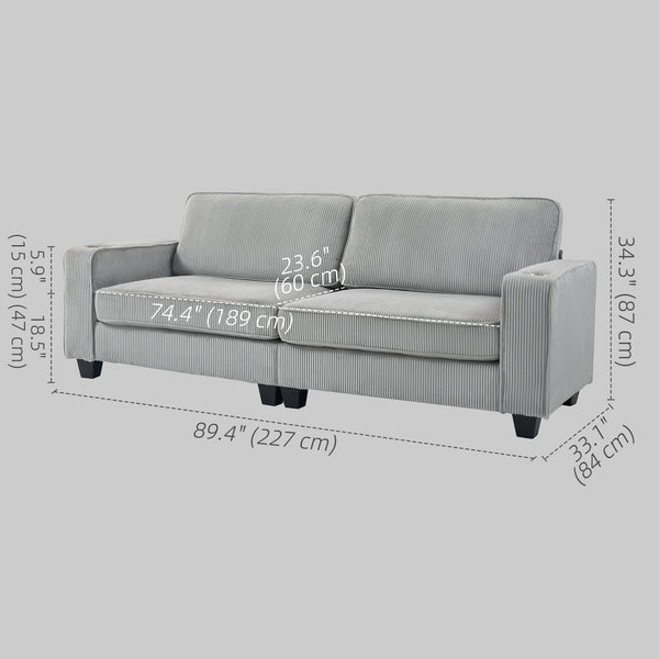 Canapé 3 places en tissu avec coussin à ressorts et porte-gobelets, gris clair