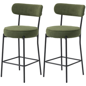 Set of 2 upholstered bar stools in corduroy, green