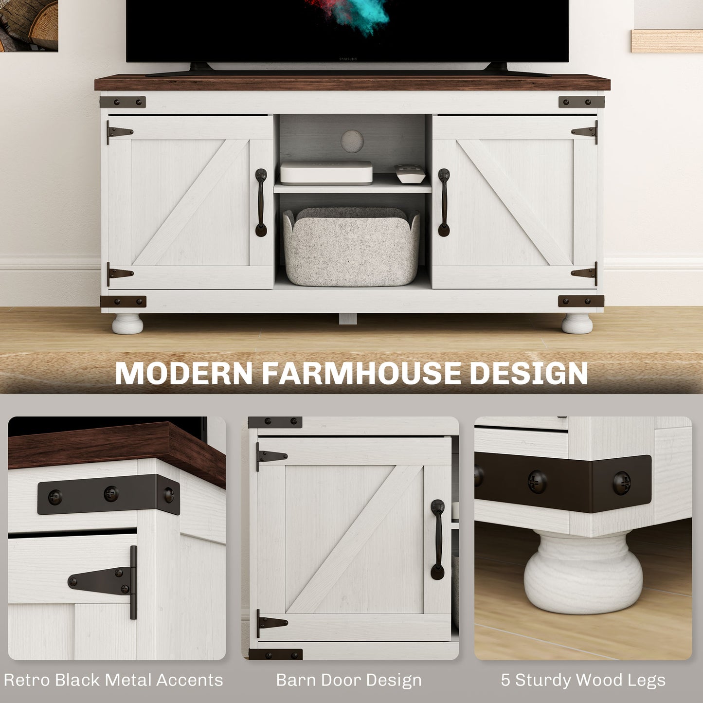 Meuble TV HOMCOM Farmhouse pour téléviseur jusqu'à 50 pouces, avec portes de grange et gestion des câbles pour le salon, blanc vieilli