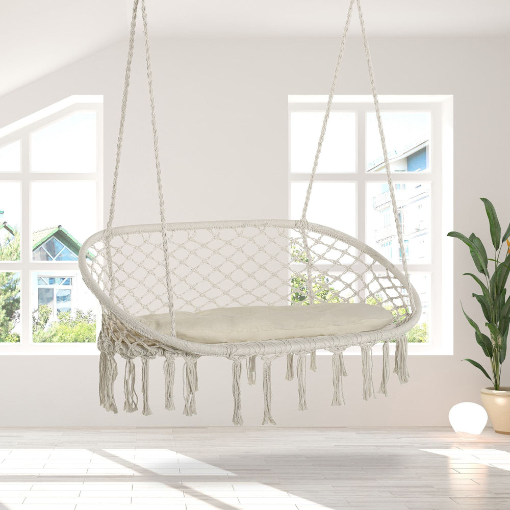 Patio Hammock Chair 2 Seat, Hanging Rope Hammock Swing Chair with Metal Frame and Cushion, Large Macrame Seat for Indoor and Outdoor 396 lbs Capacity, Cream White