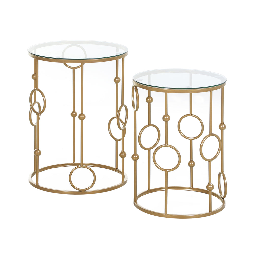 Lot de 2 tables basses rondes dorées avec plateau en verre trempé