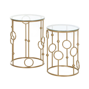 Lot de 2 tables basses rondes dorées avec plateau en verre trempé