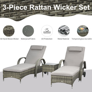 Patio Rattan Lounge Set, Wheeled Wicker Chaise Lounge Chair and Table with Tempered Glass Top, Mixed Grey