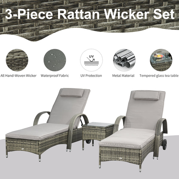 Patio Rattan Lounge Set, Wheeled Wicker Chaise Lounge Chair and Table with Tempered Glass Top, Mixed Grey