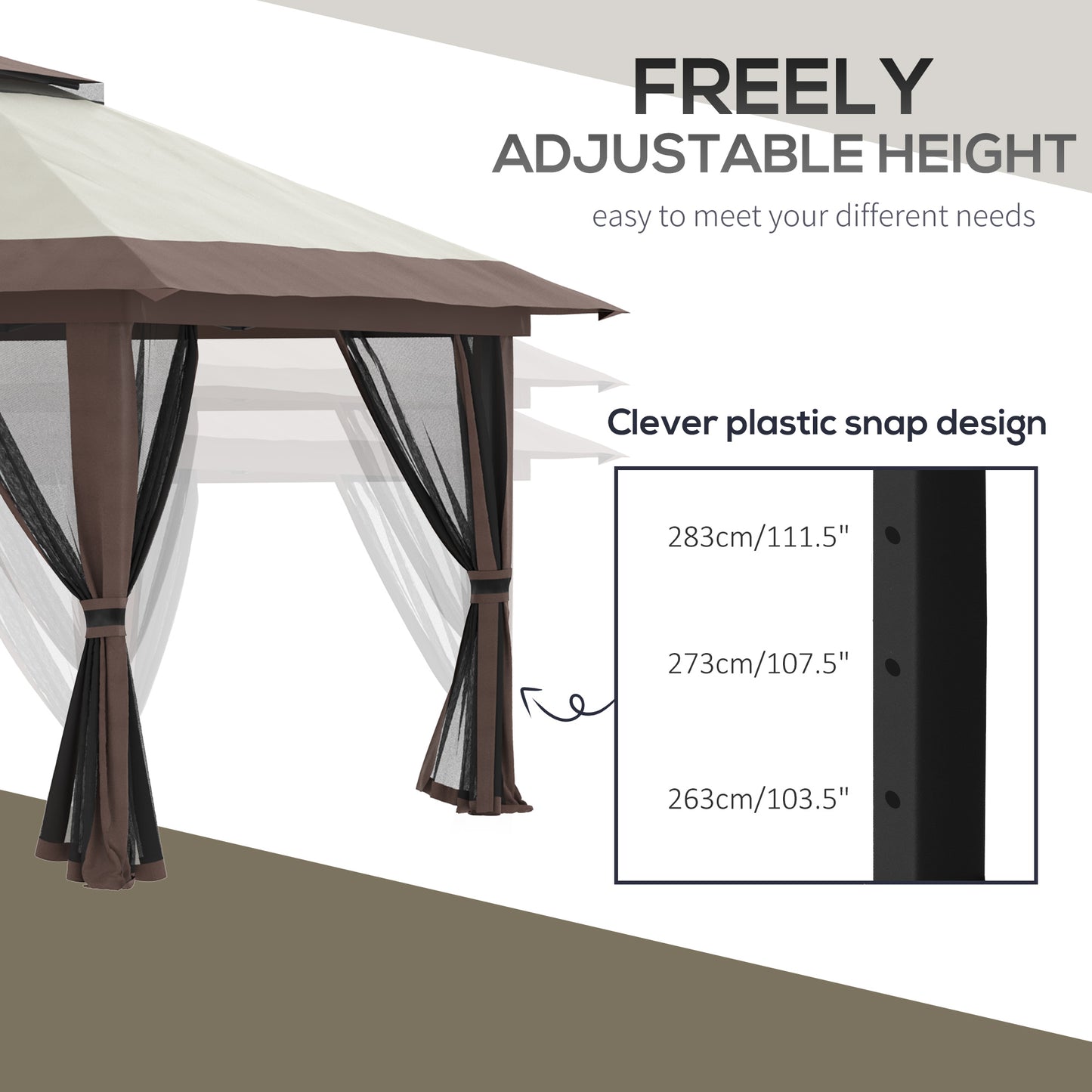 Gazebo escamotable 13' x 13', toit à deux niveaux, facile à monter, avec filets, sac, beige