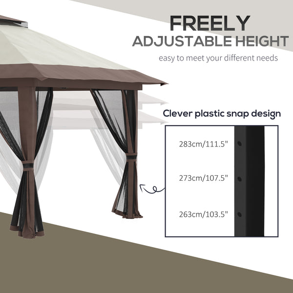 Gazebo escamotable 13' x 13', toit à deux niveaux, facile à monter, avec filets, sac, beige